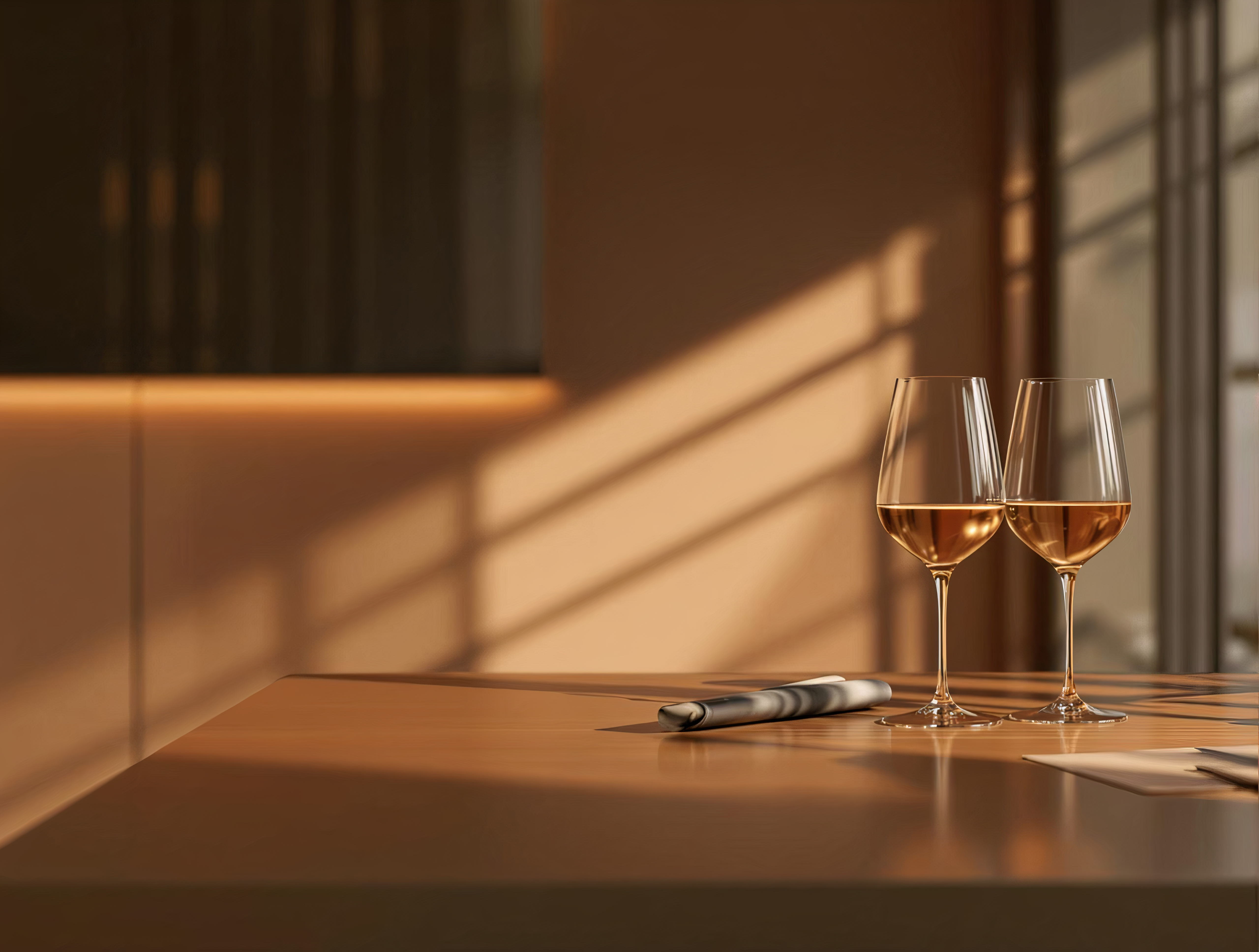 Two glasses of white wine on a wooden table in warm evening light